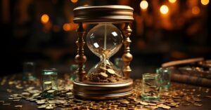 Ampulheta sob mesa com moedas douradas