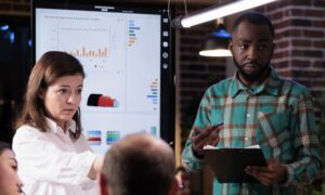 Caucasian business manager leading discussion in late night meeting talking about sales with team working overtime