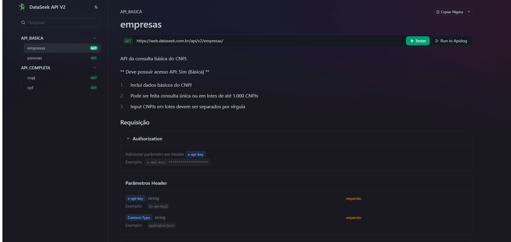 Painel de testes da API DataSeek